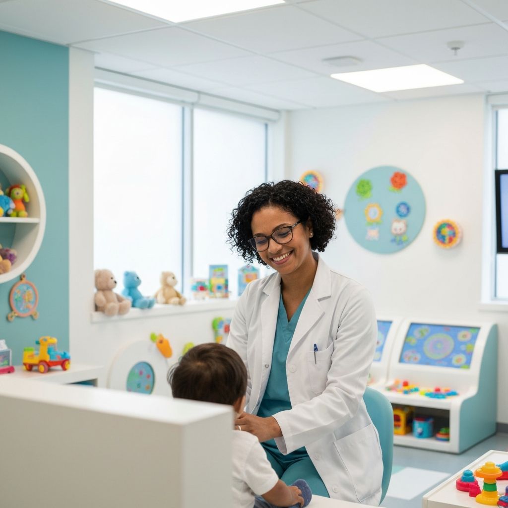 Pediatric doctor examining a smiling child in a warm clinic environment